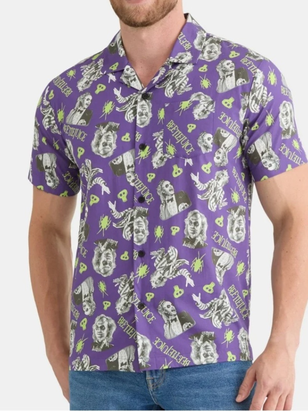 NWT BEETLEJUICE purple short sleeve button down shirt size large new